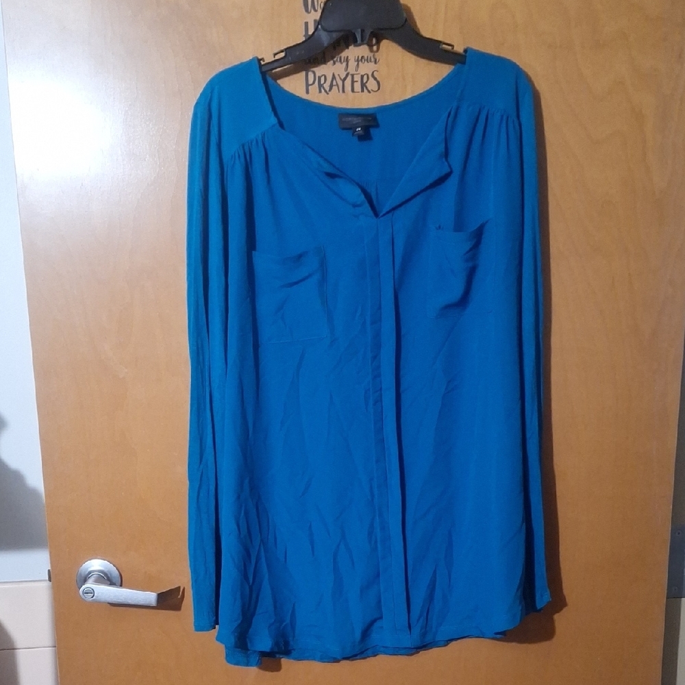 Worthington Blue Long Sleeve Relaxed Blouse with Crew Neck